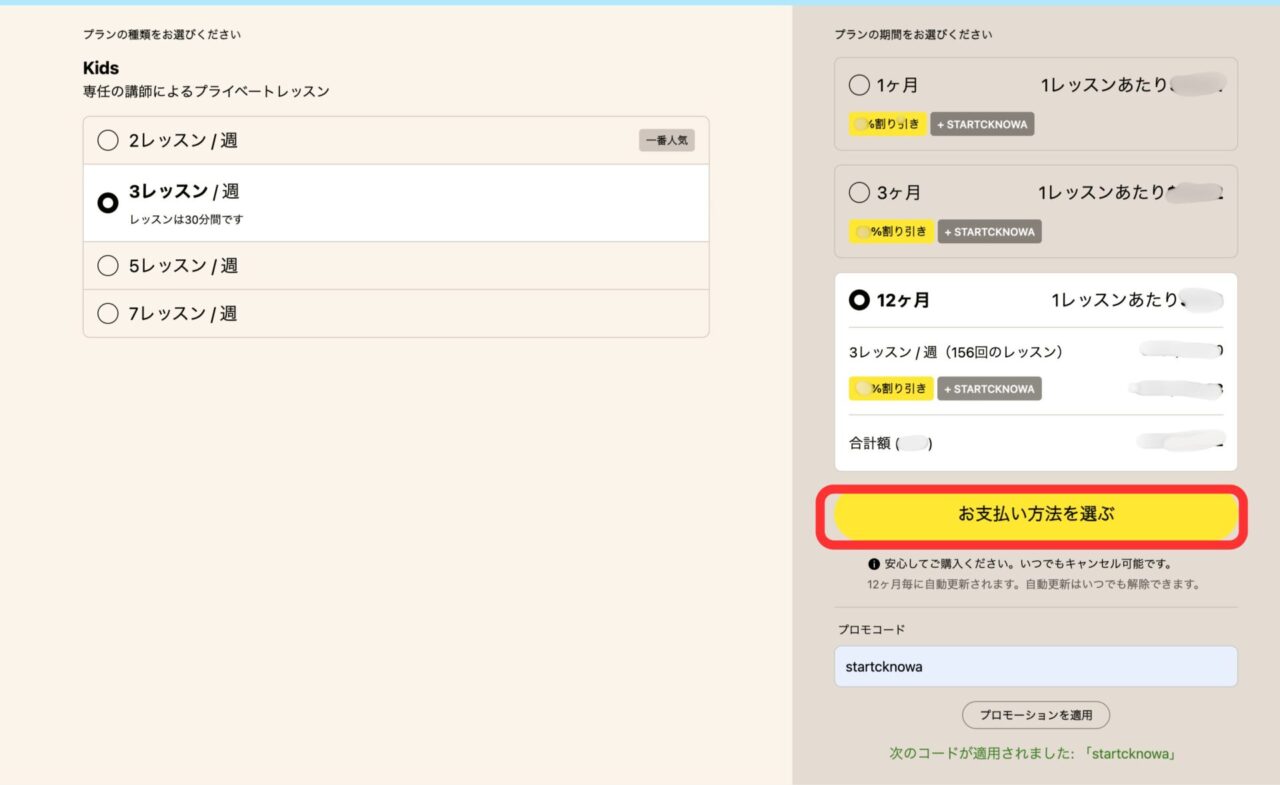お支払い方法を選ぶをクリックする画面